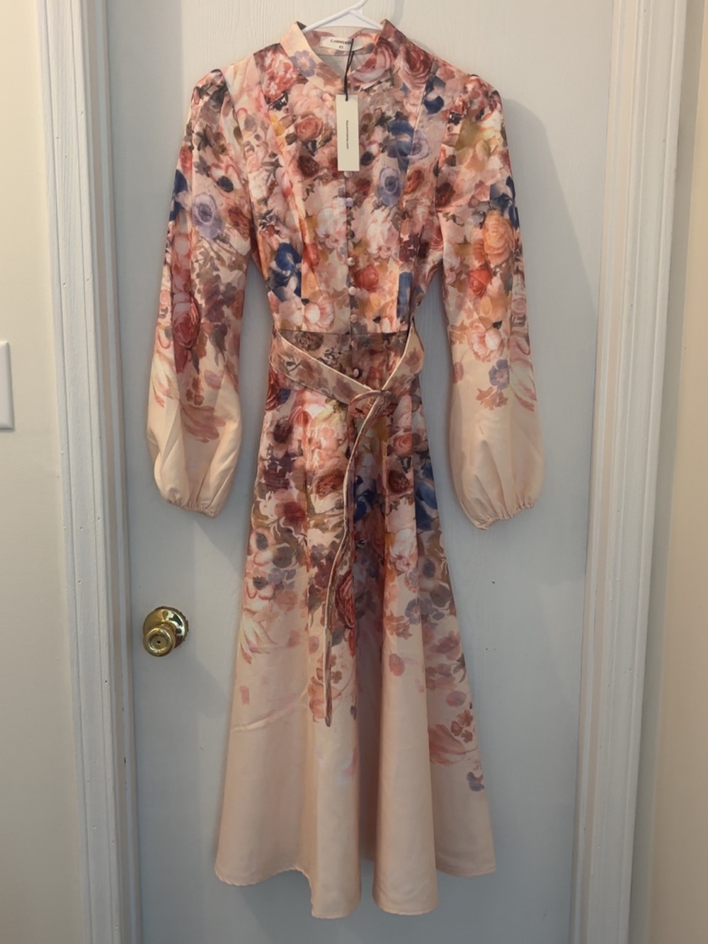 Commense Blush Floral Midi Wrap Dress with Puff Sleeves